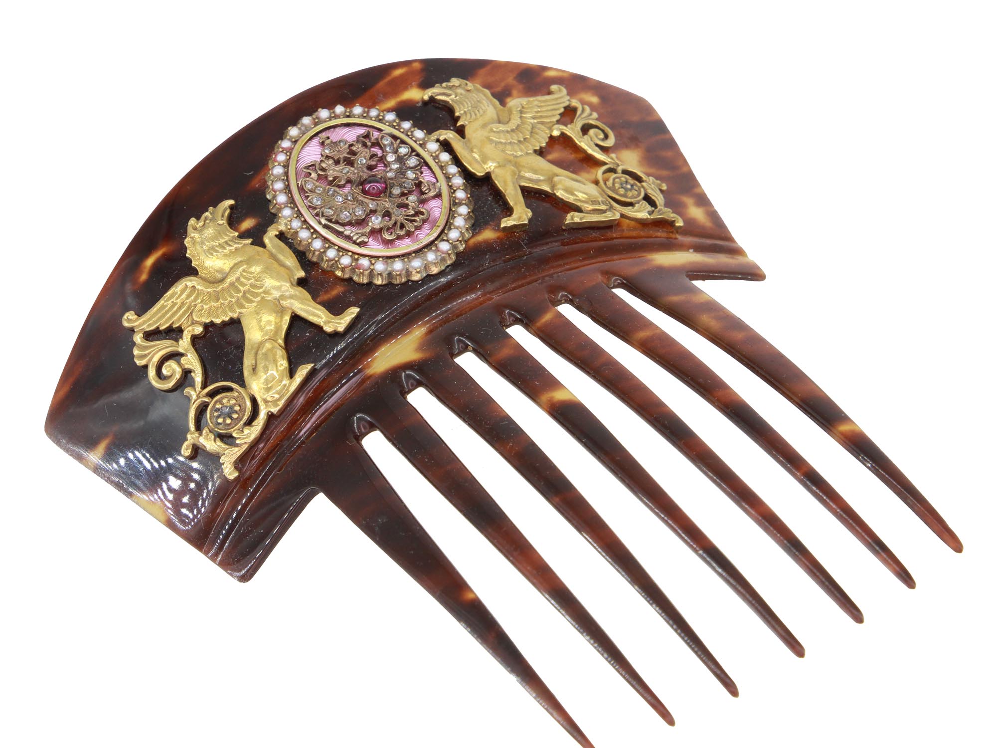 A RUSSIAN SHELL GEMSTONES ENAMEL HAIR COMB PIC-2